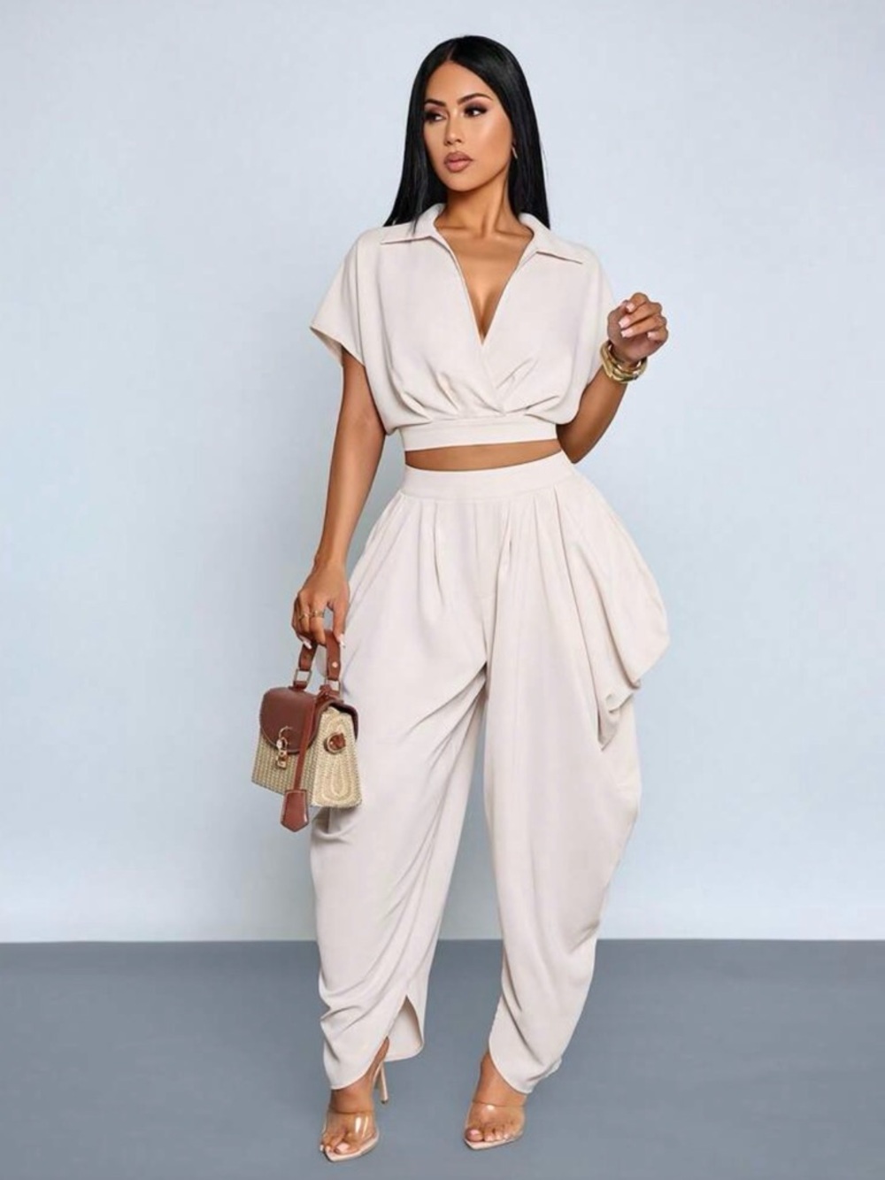SHEIN SOLERSUN: V-Neck CropTop & Draped Pant Vacay Set – Apricot (L / 8–10)